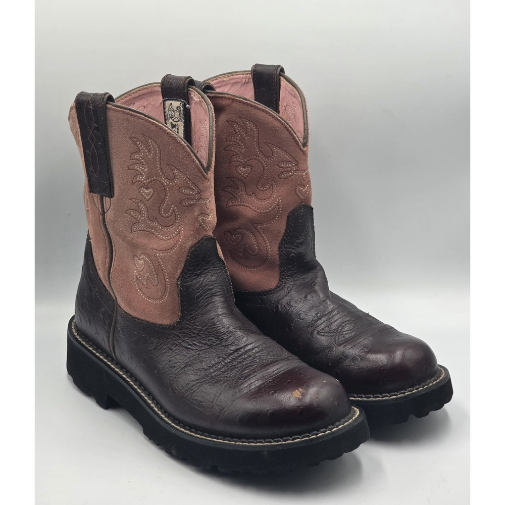 Ariat Fatbaby Blush Suede Ostrich Cowboy Boots Women's 9 B Pink Brown 14765